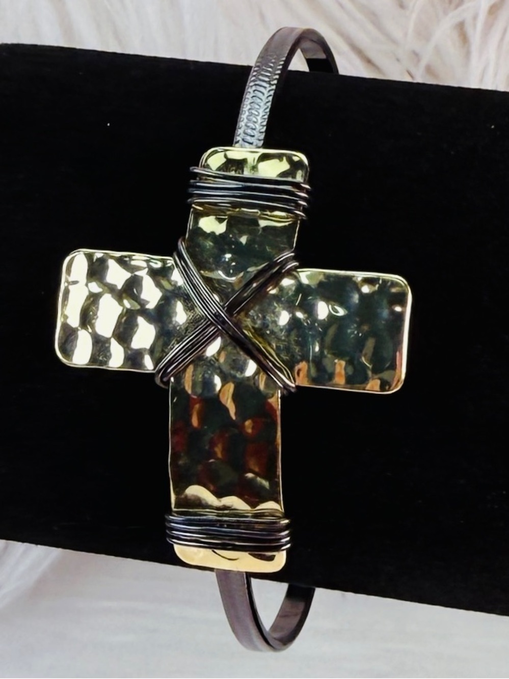 Vintage Goldtone and Black Hammered Cross Bracelet